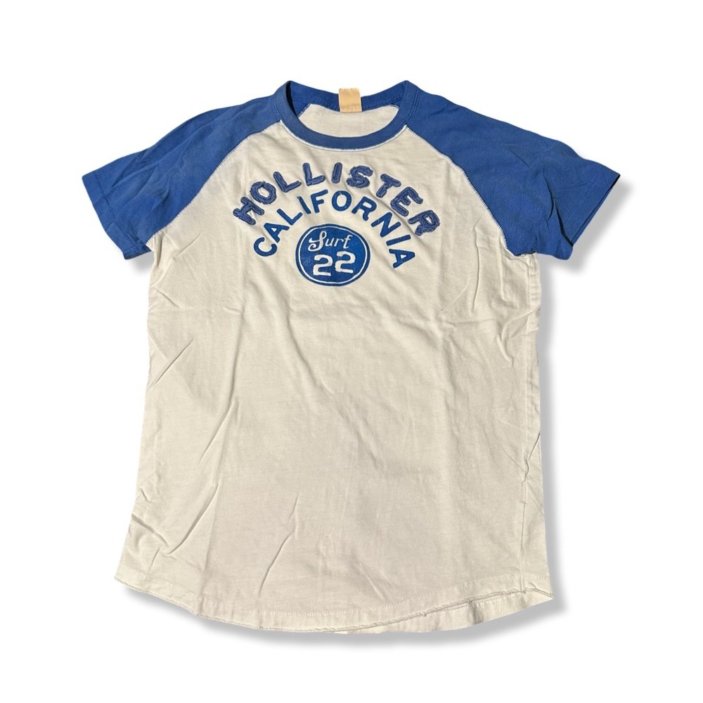Hollister Raglan T-Shirt Mens M White Blue Excellent Surf 22 Graphic Tee Y2K